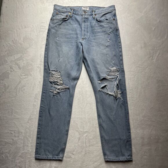 Agolde Button Fly Straight Leg Jeans Womens Size 31 Distressed Light Blue